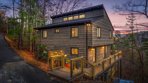 View from the driveway of the cabin nestled amongst the trees and mountain views