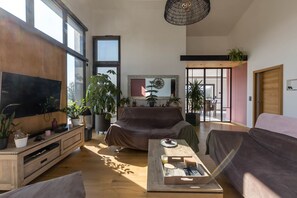 Comfortable lounge area with TV and green plants