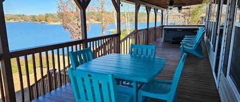 Outdoor dining table & chairs with hot tub