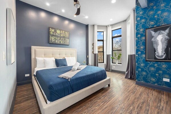King size bed, grey with blue wall paper design