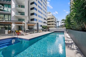 Make a splash in the large outdoor swimming pool. There are deck chairs for relaxing beneath the sunshine.