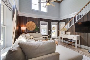 Open Living room with cathedral ceiling