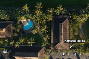 Overhead view of your unit, garden and closest pool + hot tub