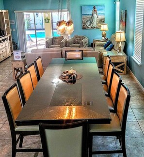Dining table with dimmed lights.