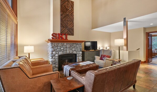Open family room with gas fireplace
