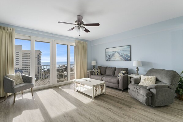 Living Area with Ocean Views, Sleeper Sofa, Flat Screen TV and Private Balcony Access