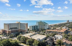 Aerial view of resort steps from the ocean