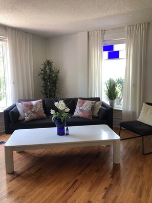 Spacious living room has beautiful natural light