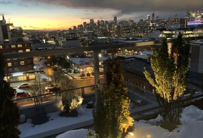 City view from rooftops by winter night