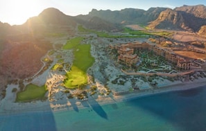 Overhead aerial view of the resort and the golf course