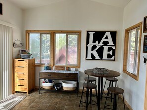 Pub Dining Set Front Room - faces the deck and water, entrance to the cabin