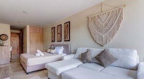 The sofa for lounging at home watching TV or for a sleep space