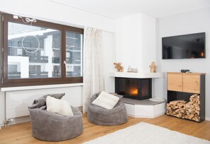 Living area with a fireplace