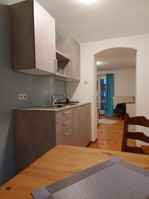 Ferienwohnung 1 für max. 2 Personen (26qm), Balkon und Dachterrasse-Blick zum Wohn-/Schlafzimmer