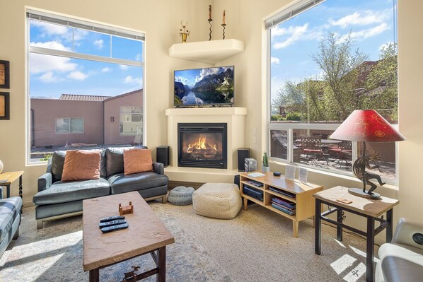 Beautiful views from the living room. Gas fireplace and flat screen tv