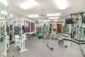 Private in home gym w/ multiple workout machines & mirrored walls