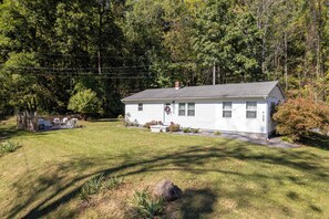 The whole property with a firepit near the house