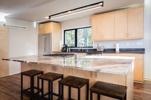 The fully stocked kitchen is a chef's delight