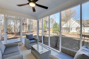 Screened Porch | Seating | Forested Views