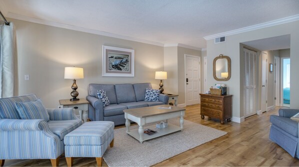 Spacious, open layout with coastal furnishings