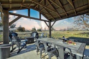 Seating for all with gas grills and a firepit.