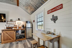 Kitchenette and seating for two.