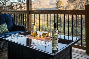 Enjoy the evening in front of our gas firepit table facing Cove Mountain. 