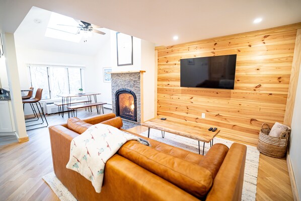 Get cozy on our leather couch.