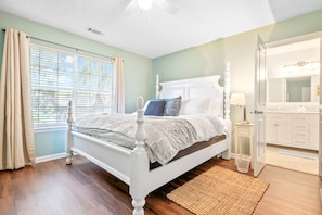 The Primary / Master bedroom's comfortable king mattress and 50" Smart TV await