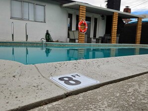 Pool has 3 levels of depth 3, & 8 ft. We provide you with a rescue float line.