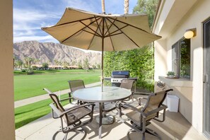 Patio | Gas Grill (Propane Provided) | Outdoor Seating & Dining | Mountain Views