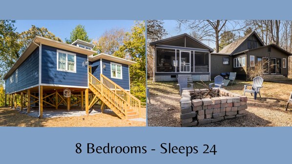 These beautiful riverfront homes, located right on the Shenandoah River, feature 8 bedrooms 7 bathrooms situated over 2 acres, ideal for guests looking for expansive space and privacy!