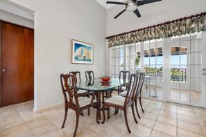 The dining area comfortably seats 6 and is adjacent to the kitchen and living area.