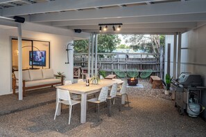 Outdoor Dining, BBQ, Coal BBQ, Fire Pit, Couch, and Sonos Speakers