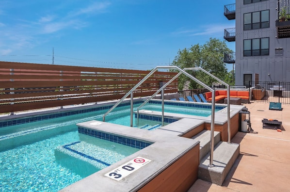 Hot tubs include steps and safety rails for easy access, as well as insulated covers to maintain heat and conserve energy.