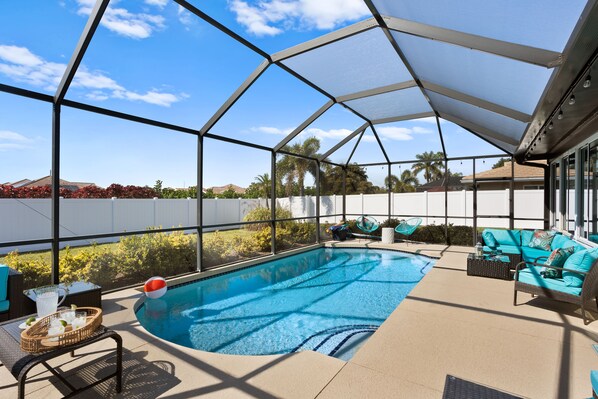 Relax in the generous size heated pool with sitting ledge. (Heated Oct-Mar)
