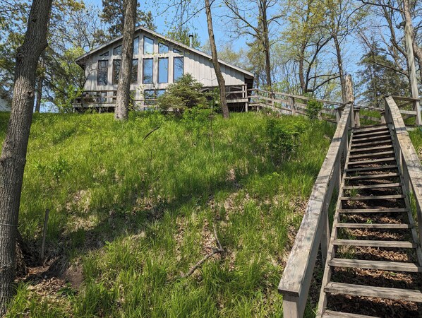 View from the shore, elevated cabin