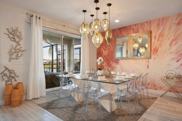 Elegant dining space with chic decor and serene lake views