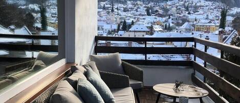 Our terrace with an impressive view over the mountains and old city