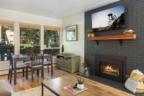 Fireplace and Smart TV in living room.