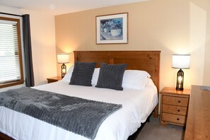 Bedroom 1 has a King size bed, dresser with mirror, chest of drawers, and full closet.  Blackout curtains were added for those who prefer to sleep in.