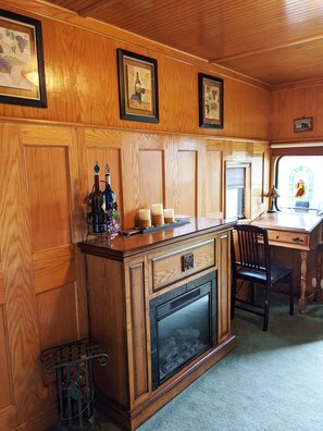 fireplace and desk