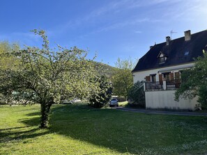 Big garden with many beautiful shrubs and fruit trees.