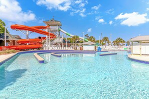 Water Park with slides, lazy river, resort pool, and more amentities included
