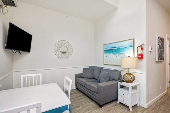 Living area with twin sleeper sofa and flat screen TV