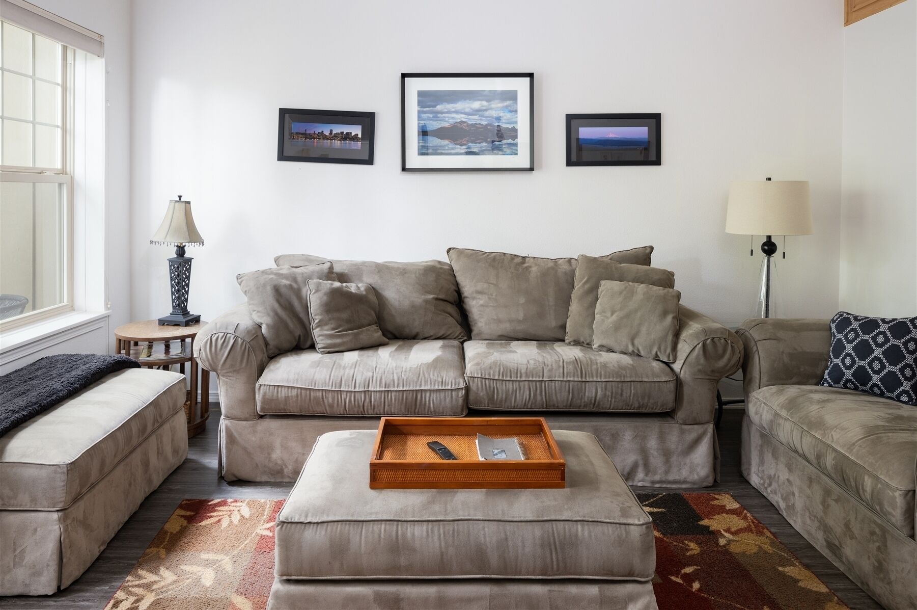 Comfortable couches in the living room to hang out in after a fun day on Mt. Hood