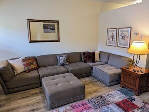 Over-sized couch great for lounging after a fun day on Mt Hood