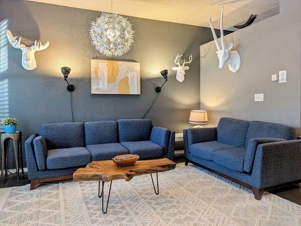 Inviting living room space with a gas fireplace