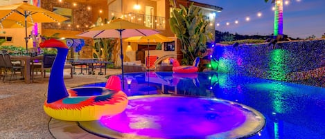 Our jacuzzi is large and comfortably seats 6-8 adults. 