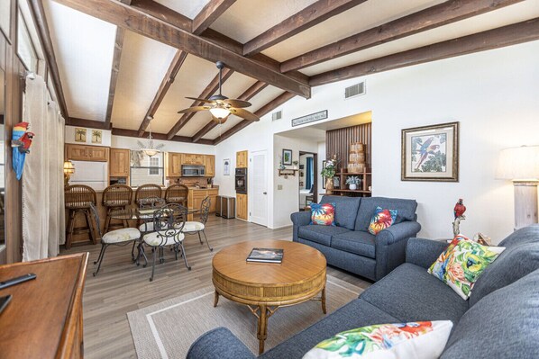 Open concept living room, dining room and kitchen